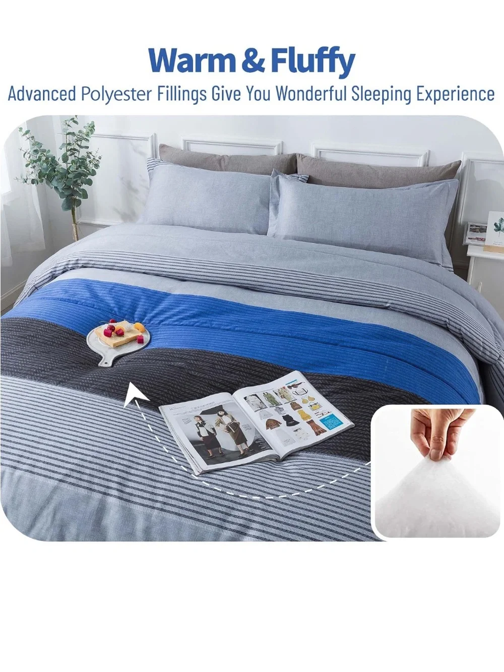 Andency Stripe Blue Comforter Set King Size, 3 Pieces Gray and Blue Patchwork